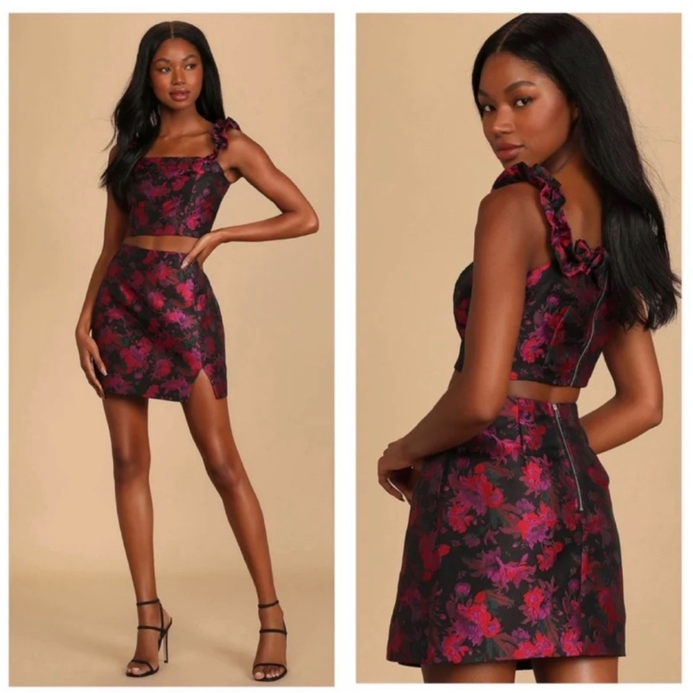 Medium Lulus garden delights black floral jacquard mini set